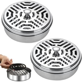 Aoreun Mosquito Spiral Holder, Pack of 2 Stainless Steel Holders for Mosquito Spirals, Anti Mosquito Smoke Spirals Container, Mosquito Coil Holder with Handle Lid for Home, Garden, Camping and Travel