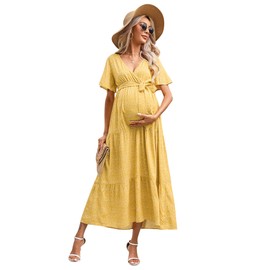 FUNJULY Maternity Dress Women's V-Neck Puff Sleeve Pleated Maternity Maxi Dress for Baby Shower or Casual Wear Yellow Floral