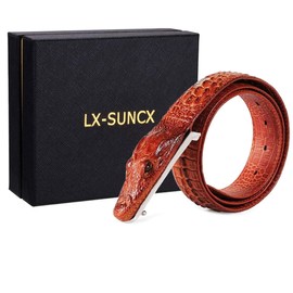 LX-SUNCX Men Belts, Alligator Belt Cowhide Crocodile Print Belt Buckle - Red Brown,45"/115cm