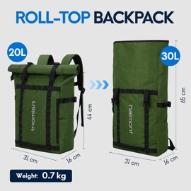 Haimont Expandable Rolltop Backpack Commuter Carry on Backpack for Women Men Water-Resistant Daypack with Multiple Pockets, 20L-30L, Army Green
