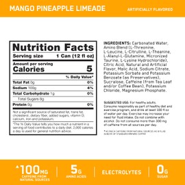 Optimum Nutrition Amino Energy Sparkling Hydration Drink, Electrolytes, Caffeine, Amino Acids, BCAAs, Sugar Free, Mango Pineapple Limeade, 12 Fl Oz, 12 Pack (Packaging May Vary)