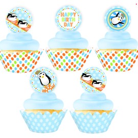 Penguin Birthday Cupcake Toppers and Cupcake Wrappers - 24 Cupcake Toppers and 24 Cupcake Wrappers - Penguin Birthday Party Supplies - Penguin Birthday Decorations - Orange
