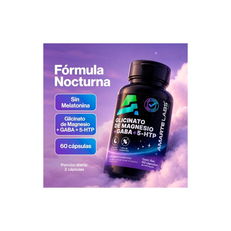Amarte Labs Glicinato de Magnesio Fórmula Nocturna, 60 Cápsulas