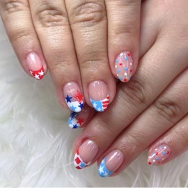 Independence Day Press on Nails 4th of July Fake Nails Red Blue French Tip Glue on Nails Short Almond False Nails with Patriotic Star Design Full Cover Nude Pink Acrylic Nails for Women Nails Supplies