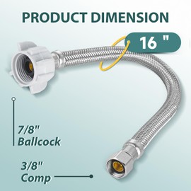 2-PACK Niikappu Stainless Steel Braided Toilet Hose, 3/8" Comp x7/8" Ballcock, 16-Inch length Toilet Connector Supply Line