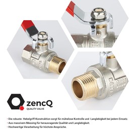 zencQ Ball Valve 1/2 Inch MF Lever Handle, Brass Ball Valve with Lever, Ball Valve for Industrial, Water Pumps, Tanks, Commercial, Household, Water Butt with Internal Thread and External Thread (1/2