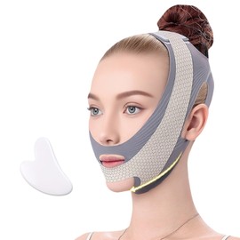 Double Chin Lift Mask, Reusable V Line Face Slimming Strap for Women Men with Facial Gua Sha Tool, Adjustable Breathable Jawline Lifting Strap, Anti Sagging Chin Reducer (Grey)
