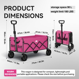 Collapsible Folding Wagon, Heavy Duty Foldable Wagon Cart with Wheel, Lightweight Utility Grocery Cart with 200lbs Weight Capacity for Garden, Beach, Camping Sports, Fishing (Pink)