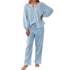 Flygo Womens Gingham Pajama Set 2 Piece Cotton Plaid Raglan Sleeve Button Top Straight Leg Pants Pjs Y2K Lounge Set Sleepwear(Blue-XL)
