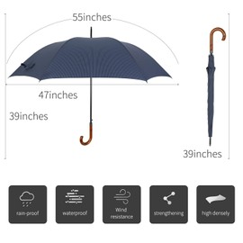 TIME LOVER Stick Umbrella Oversize Windproof Umbrella Wooden Hook Handle J Stick Automatic Open Fast Drying Umbrella for Men Women(Navy stripe)