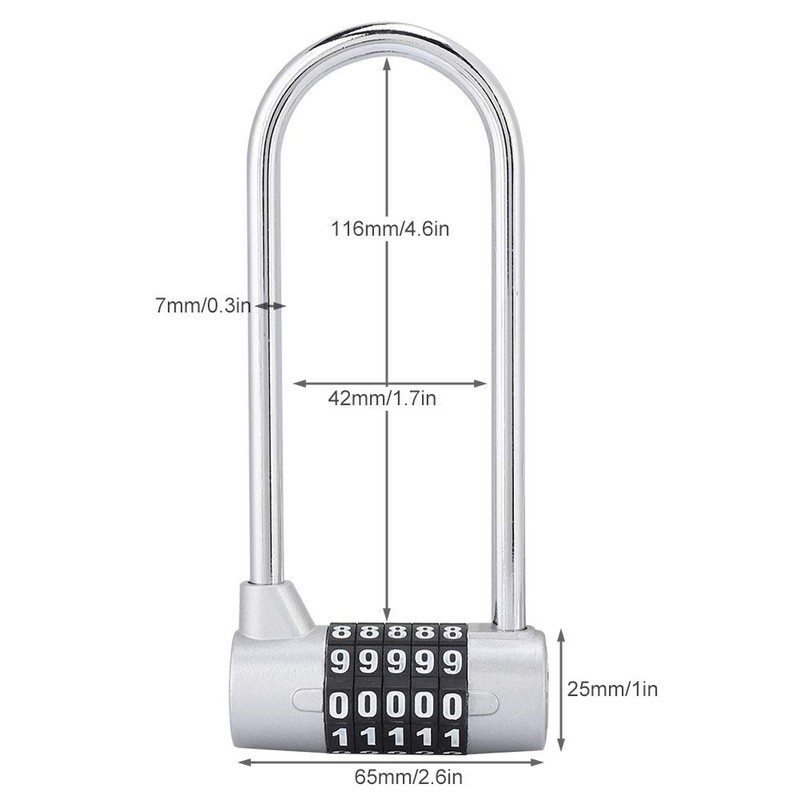 5 Digit Combination Alloy Padlock,U-Shape Security Code Lock Extra Long