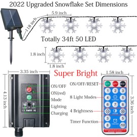 Xingpold 2022 Upgraded Solar Snowflake Lights Outdoor Christmas Lights, 50 LED 34 Ft Cool White Solar Christmas Lights Waterproof Snowflake Lights String with Remote for Xmas Tree Patio Yard Decor