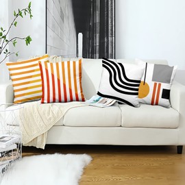 Aoihrraan 24 x 24 Inch Cushion Covers Orange Red White Striped Pattern Square Soft Short Plush Throw Pillow Covers Home Decor For Living Room Sofa Outdoor Patio Garden Couch Car, 60x60cm Set of 4