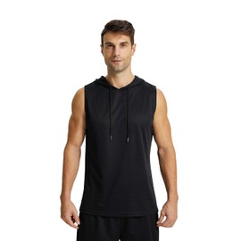 Mens Active Workout Hooded Tank Tops Sleeveless Quick Dry, Athletic Running Trainning Cut Off Muscle Gym Shirt Black