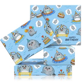 Seals Swimming in the Sea Wrapping Paper Animal Gift Wrap Paper for Boys Girls - Funny Happy Birthday Wrapping Paper - 6 Sheets Folded Flat for Birthday Party Baby Shower DIY Craft Gift Packing Wrap