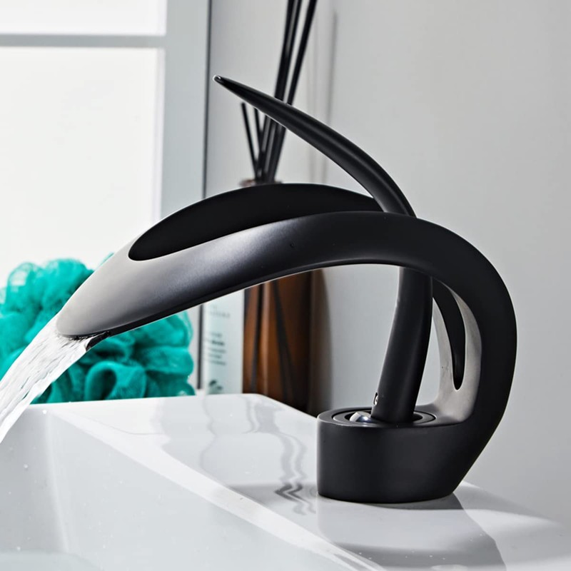 Black Bathroom Sink Faucet Waterfall Round Single Handle One Hole