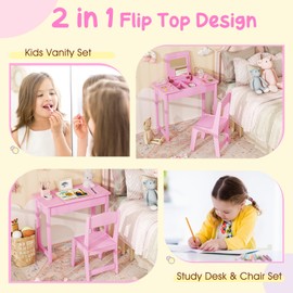 Costzon 2 in 1 Girls Vanity Set with Flip Top Mirror, Hidden Storage Space, Wooden Toddler Makeup Vanity Desk Dressing Table, Pretend Play Kids Vanity Table and Chair Set (Pink)