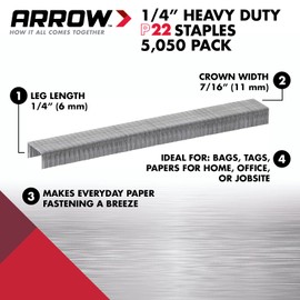 Arrow 224 Heavy Duty P22 Staples for Use with Plier-Type Paper and Bag Staplers in Restaurants, Offices, Classrooms, 5050-Pack, 1/4-Inch Leg Length, 7/16-Inch Crown Width
