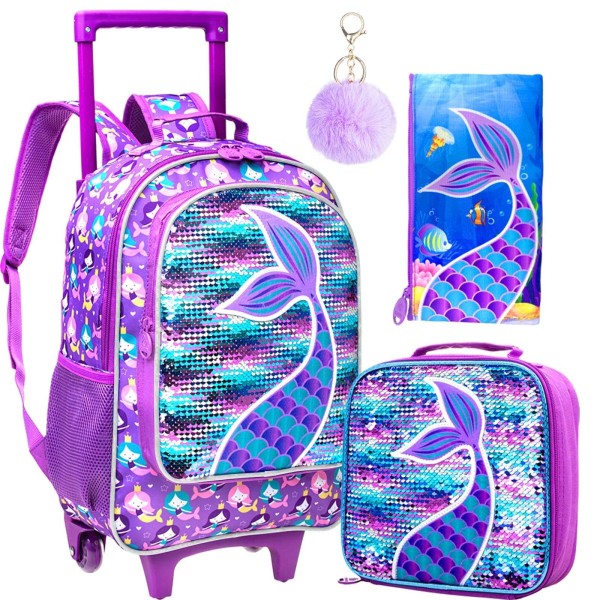 Agsdon 3PCS Rolling Backpack for Girls, Kids Roller Wheels Bookbag,