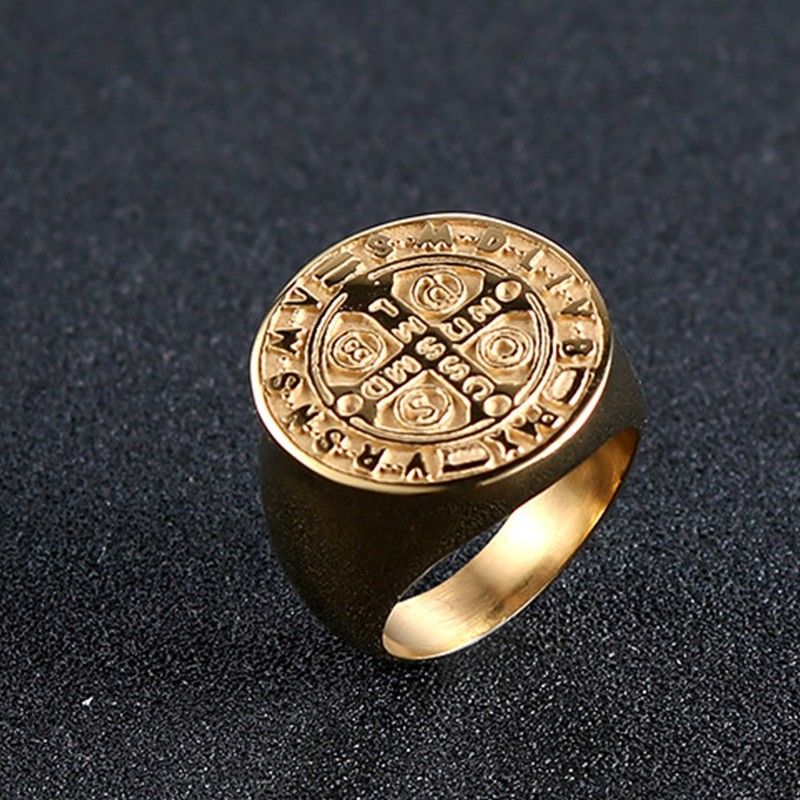 JAJAFOOK Men Gold Plated Stainless Steel Catholic St Benedict Exorcism
