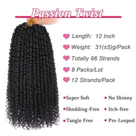 Leeven 8 Packs 12 Inch Pre Twisted Passion Twist Crochet Hair for Women Bob Water Wave Crochet Braids Hair Pre looped Curly Synthetic Bohemian Braiding Hair Extensions 12 Strands/Pack Black