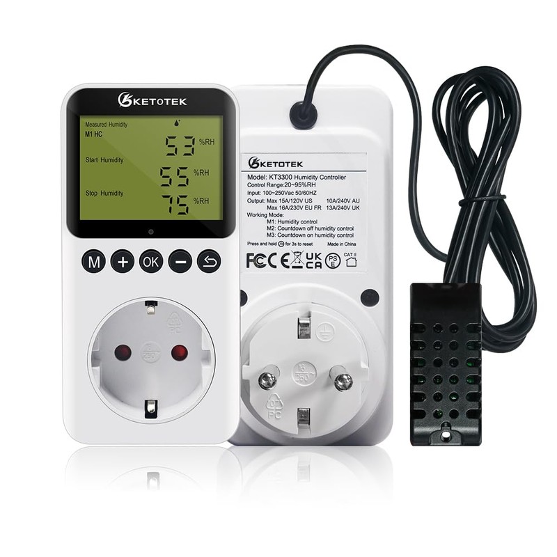 KETOTEK Hygrostat Socket Humidity Controller with Sensor 230 V, Digital