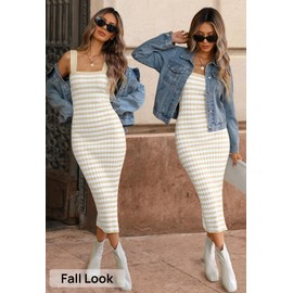 MEROKEETY Women's 2025 Summer Bodycon Midi Dress Vacation Sleeveless Ribbed Knit Striped Sweater Dresses, Apricot, M