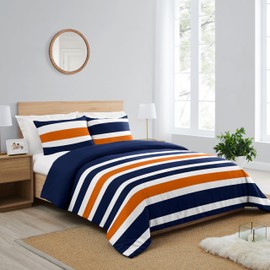 Sweet Jojo Designs Navy Blue, Orange and White Childrens, Teen 3 Piece Full/Queen Boys Stripe Bedding Set Collection