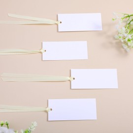 50Pcs Ribbon Name Cards for Table Setting, Wedding Blank Name Place Cards with Satin Ribbons, 3.5x1.6 Inch Gift Tags with String Attached for Wedding Dinner Banquet Party Supplies (Beige Ribbon)