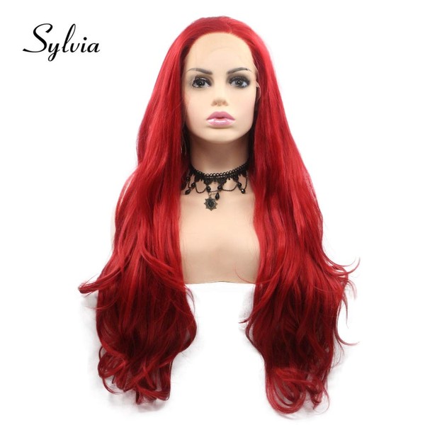 Sylvia Red Synthetic Lace Front Wave Wig Witch wig Free Parting Half Hand Tied Heat Resistant Fiber Replacement Hair for Woman…