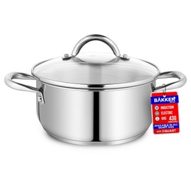 Olla de acero inoxidable con tapa de vidrio templado de 3 cuartos, acero inoxidable 18/0 duradero, base con unión por impacto para calentamiento uniforme, asas con remache, compatible con horno y