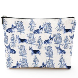RVEAFA Corgi Blue French Toile Makeup Bag Corgis Lover Gifts for Women Girls, Blue Toile Cosmetic Bag for Corgi Mom, Dog Lovers Corgis Accessories Birthday Gifts for Dog Owners