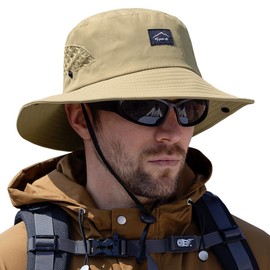 Sireck Fishing Hat, UPF50+ Wide Brim Sun Hat for Men Women, UV Protection Hiking Beach Bucket Hats Summer Safari Hat, Light Brown, One Size