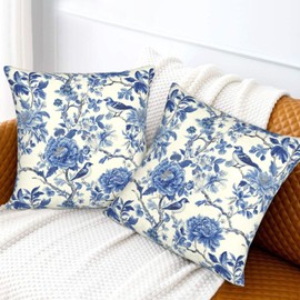 KiuLoam Chinoiserie Bule Floral Pillow Covers 18 x 18 Inch Set of 2 Flowers and Birds Outdoor Decorative Throw Pillow Cases Farmhouse Cushion Cases for Couch Bed Home Decor