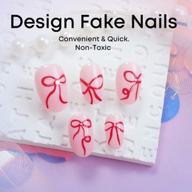 24Pcs Pink Press on Nails Short Oval Fake Nails Pink Glossy Designs Full Cover Glue on Nails Cute Bow False Nails Artificial Reusable Press Ons Stick on Nails for Women Girls Acrylic Nails Decoration