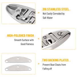Racewill 4 Pack 6 inch Boat Folding Cleats, 316 Stainless Steel Flip-up Marine Dock Rope Cleat with Backing Plates and Screws, Compatible with Kayak Yacht Pontoon Boat