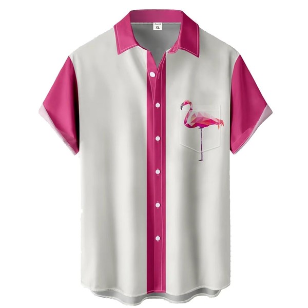 Flamingo Bowling Shirts for Men Flamingo Print Short Sleeve Hawaiian