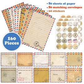 160pcs Airmail Theme Letter Writing Paper and Envelopes Vintage Stationery Paper Set with 50 Lined Sheets 50 Matching Envelopes 60 Stickers for Party Invitations Love Letter (Airmail)