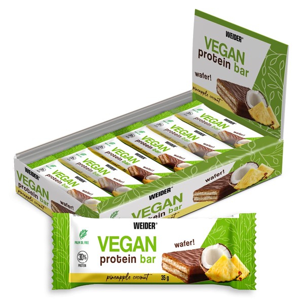 Weider Vegan Protein Bar, délicieuse barre gaufrée enrobée de chocolat, gaufrette croustillante, 100% vegan, sans huile de palme, 30% de protéines, goût ananas-noix de coco, 12 x 35g