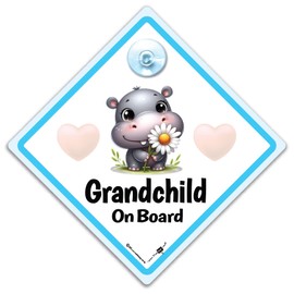 Grandchild On Board Blue Hippopotamus Cute Hippo Baby On Board Hippo Sign Car Sign 14cm x 14cm