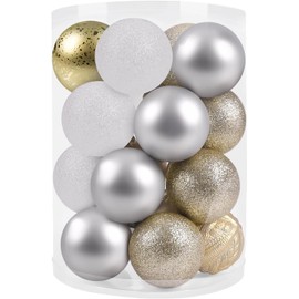 Beinhome 20pcs 6cm Christmas Baubles ornament set Christmas Tree Decorations, White and Gold Christmas Tree Baubles Shatterproof Plastic Hanging Ball Bulk for Xmas Home Holiday Party Festival Decor