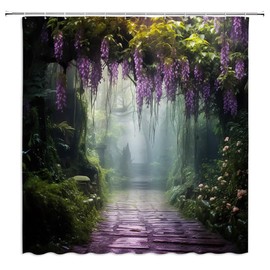 GIXKOXE Misty Forest Shower Curtain Purple Floral Foggy Jungle Fantasy Spring Garden Green Plants Nature Landscape Bathroom Decor Curtains Polyester with Hooks