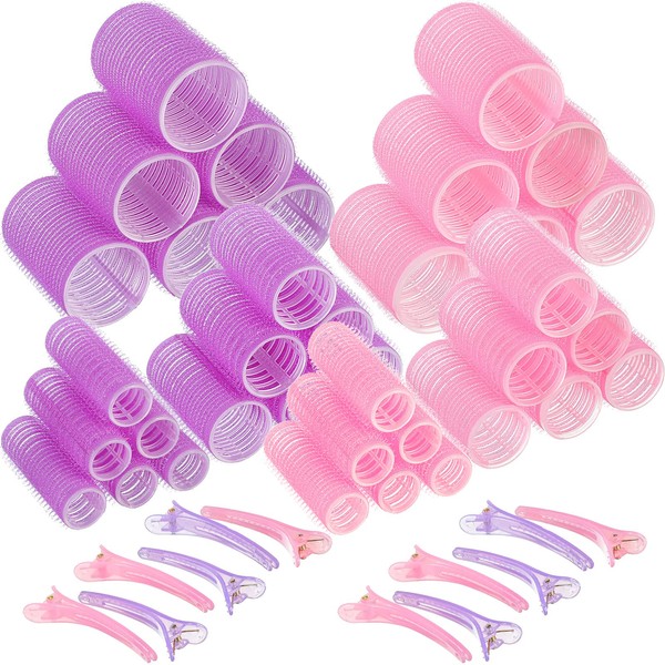 48 Pieces Self Grip Hair Rollers Set Self Holding Rollers No Heat Hair Curlers Hairdressing Curlers and Multicolor Plastic Duck Teeth Bows Hair Clips for DIY Hairdressing Salon Barber (Purple, Pink)