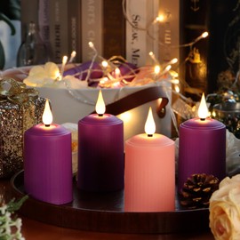 FREEPOWER Flameless Advent Candles - Set of 4 Battery Operated LED Pillar Candles (3 Purple, 1 Pink) with Remote Control and Timer - Φ 2" x H 4" - Ideal for Seasonal and Christmas Celebrations