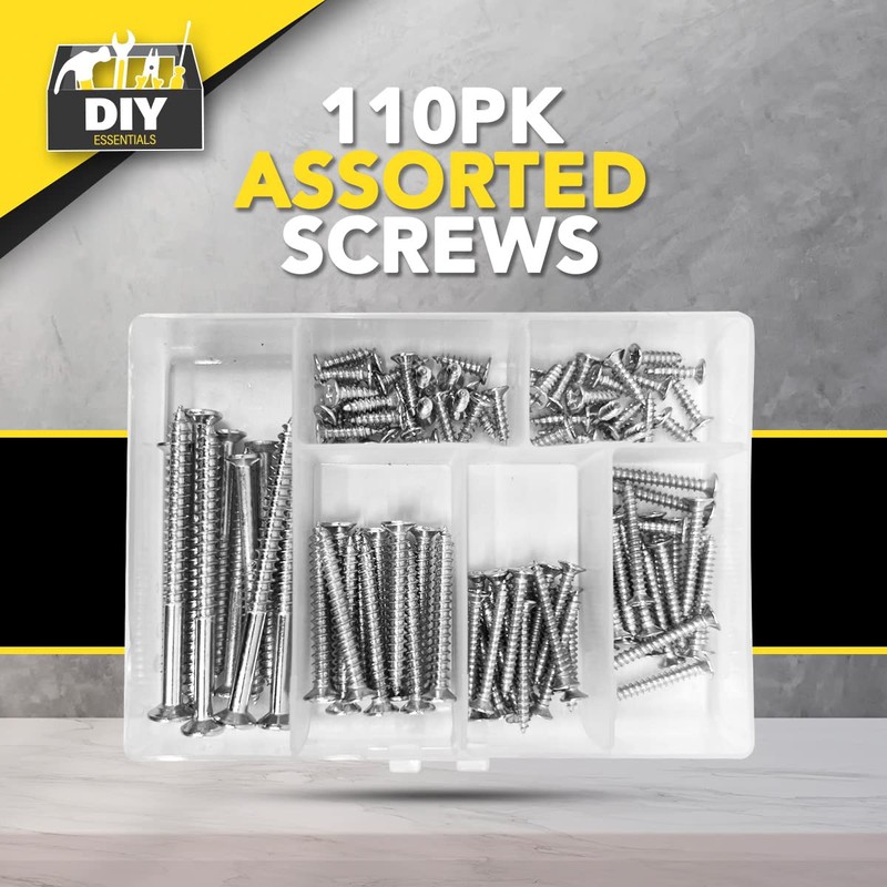 110pk Wood Screws Assortment | Countersunk Screw Set with Storage