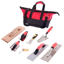 BXGTECH 9 Pieces Masonry Hand Tool Set, Finishing Trowel, Gauging Trowel, Groover, Edger, Extruded Alloy Float, Wood Float, Wire Twister and Bag