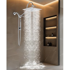 All Metal Dual Shower Heads Combo with Curved Extension Arm, 10" High Pressure Rain Shower Head with Handheld Spray, Square Adjustable Rainfall Showerhead System, 71" Extra Long Shower Hose, Chrome
