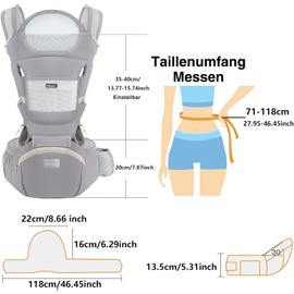 TOFFCAEA Baby Carrier, Multifunction Baby Carrier, Ergonomic, 6-in-1 Ways to Carry, Adjustable Baby Carrier with Hip Seat, for 0-36 Month (3 to 30 kg) Newborn to Toddler (Grey)