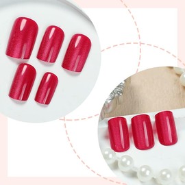 Wine Red Press on Nails Short Square Fake Nails Cat Eye Acrylic False Nails Press ons Glossy Solid Color Red Full Cover Artificial Gel Glue Stick on Nails for Women Girls Manicure