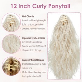 LeadWave Short Ponytail Extension Claw Clip In Platinum Blonde, Curly Wavy Hair For Women 12 Inch Hair Piece Faux Fake Mini Grab Clip In Pony Tails Hairpieces Fluffy Synthetic Soft No Damage